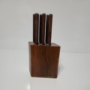 6 PC‎ 1970 VERNCO MID CENTURY MCM KNIFE SET KNIVES TEAK HANDLES IN BUTCHER BLOCK